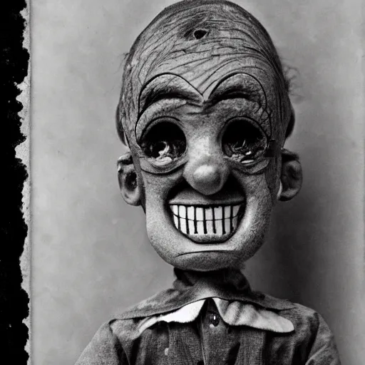 Image similar to a ventriloquist figure, ventriloquist dummy head, smiling, photograph, style of atget, nightmare, concept art, creepy