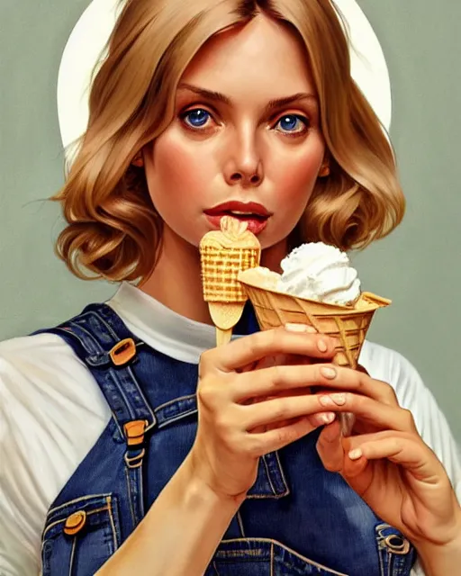 Image similar to portrait of a blonde fuller figured barbara bach from the bond film wearing dungarees and eating ice creams in porto, real life skin, intricate, elegant, highly detailed, artstation, concept art, smooth, sharp focus, art by artgerm and greg rutkowski and alphonse mucha