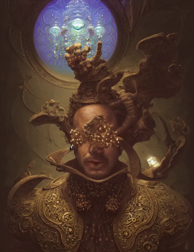 Image similar to front shot of a court jester character, hyperdimensional, bioluminescent hypercubes, ((intricate)), elegant, highly detailed, centered, (((artstation, concept art, smooth, sharp focus, artgerm, Tomasz Alen Kopera, Peter Mohrbacher, donato giancola, Joseph Christian Leyendecker, WLOP, Boris Vallejo))), mugshot!!!!!, ugly!!!!!!, octane render, nvidia raytracing demo, grainy, muted, 8K, digitalblasphemy