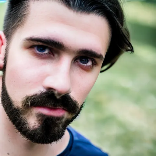 Image similar to young man, long hair, short facial hair, no mustache, dark green eyes, dark eyebrows, light widows peak light facial hair, canon eos r 3, f / 1. 4, iso 2 0 0, 1 / 1 6 0 s, 8 k, raw, unedited, symmetrical balance, in - frame