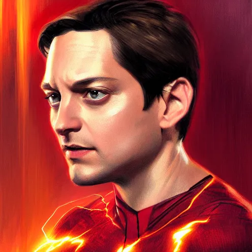 Image similar to portrait of Tobey Maguire as the Flash elegant, intricate, headshot, highly detailed, digital painting, artstation, concept art, sharp focus, illustration, art by artgerm and greg rutkowski and alphonse mucha