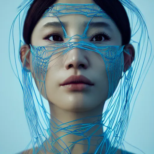 Image similar to intricate highly detailed face portrait of asian - european woman, light blue plastic vines on her face, intricate, cgsociety, unreal engine, octane render, sharp focus, smooth, volumetric lighting, cinematic composition, artstation