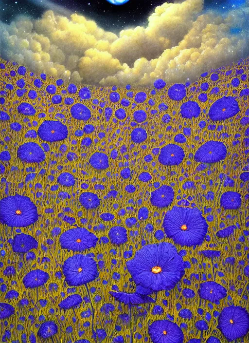 Image similar to detailed, intricate blue black and purple papaverum flower on the field, nebula, galaxy in the sky, winning award masterpiece, fantastically beautiful, illustration, aestheticly inspired, jacek yerka, upscale with anguissola sofonisba work, artstation, 8 k