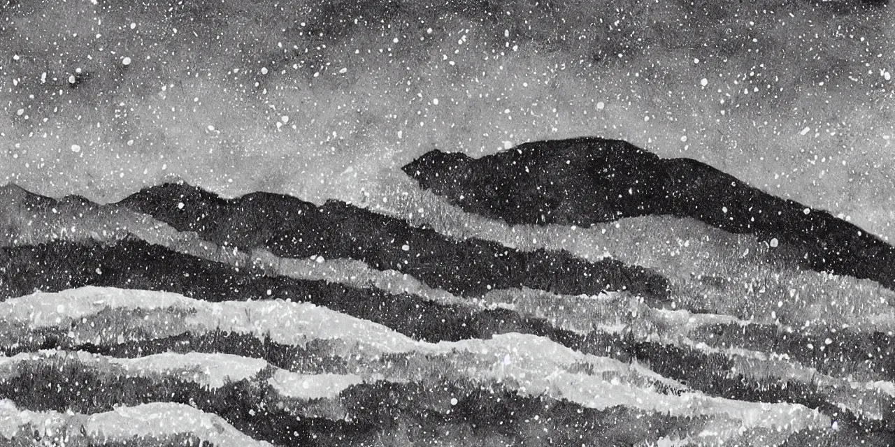 Image similar to laurentian appalachian mountains during winter, original and creative black ink landscape artwork, snowy night, streetlamps, interesting textures