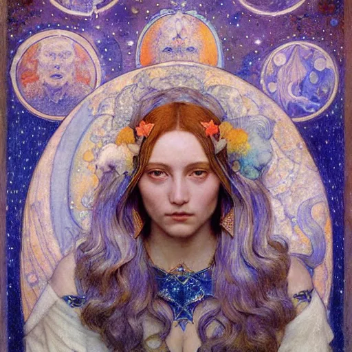 Image similar to queen of the moon with stars in her hair, by annie swynnerton and tino rodriguez and nicholas roerich and jean delville and donato giancola and diego rivera, dramatic lighting, god rays, geometric tattoos, rich colors, smooth sharp focus, extremely detailed, adolf wolfli