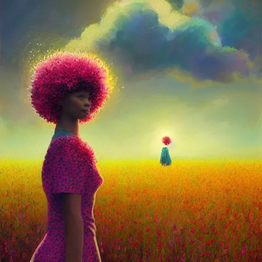 Image similar to girl with flower afro, standing in a field with flowers, surreal photography, hills, big trees, sunrise dramatic light, impressionist painting, colorful clouds, digital painting, pointillism, artstation, simon stalenhag