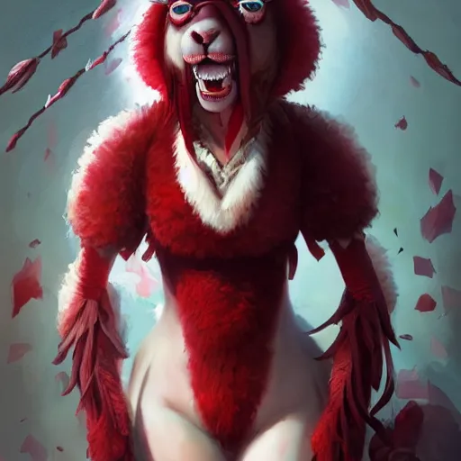 Image similar to A sheep with red whool and pointy Vampire teeth by Stanley Artgerm Lau, WLOP, Rossdraws, James Jean, Andrei Riabovitchev, Marc Simonetti, and Sakimichan, trending on artstation