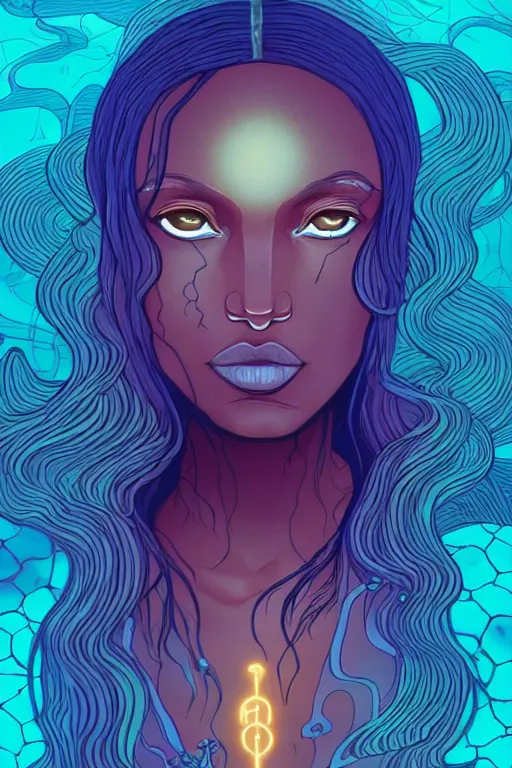 Image similar to 👁👩🏾🌊👾, phantom, dreary, dramatic, fluid, golden ratio, artstation, moebius + loish, hd, long vines,