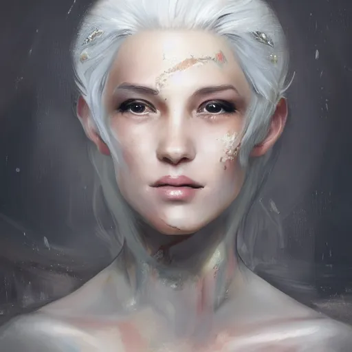 Prompt: fantasy portrait of a young beautiful veteran female queen with white hair , scars on her face , determined expression , made by Stanley Artgerm Lau, WLOP, Rossdraws, ArtStation, CGSociety, concept art, cgsociety, octane render, trending on artstation, artstationHD, artstationHQ, unreal engine, 4k, 8k,