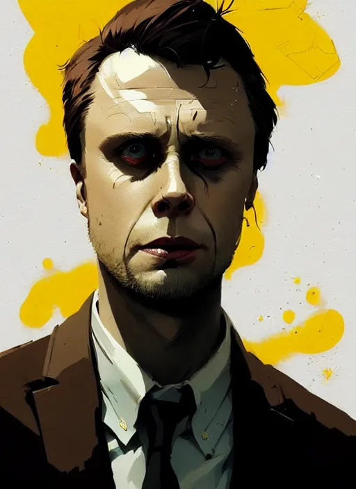 Prompt: highly detailed closeup portrait of angry handsome martin wallstrom, tyrell wellick, wearing suit by atey ghailan, by greg rutkowski, by greg tocchini, by james gilleard, by joe fenton, by kaethe butcher, gradient cyan, brown black, yellow and white only color scheme, grunge aesthetic!!! ( ( graffiti tag wall background ) )