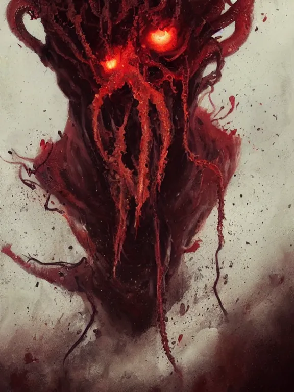 Image similar to painting by greg rutkowski of a flying sorrowful looking human head with tears running down it's eyes, face that is chalk white in color, with long sprawling white tentacles stemming down it's neck, fiery scorching red eyes, flying in a terrying hellish dark cavernous place