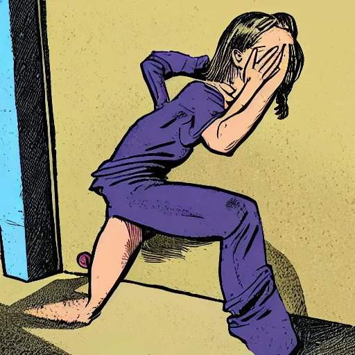 Image similar to a woman on her knees hiding behind a wall in fear, comic book style,