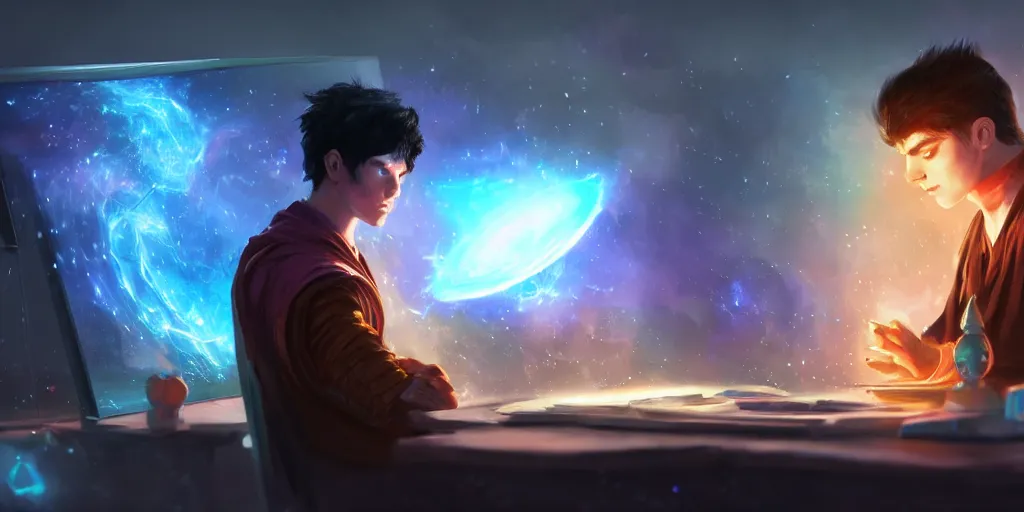Image similar to a young mage creating a universe in his pc, a male mage in his 2 0 s with black hair sitting in front of huge monitor. extremely detailed, award - winning art, trending on artstation