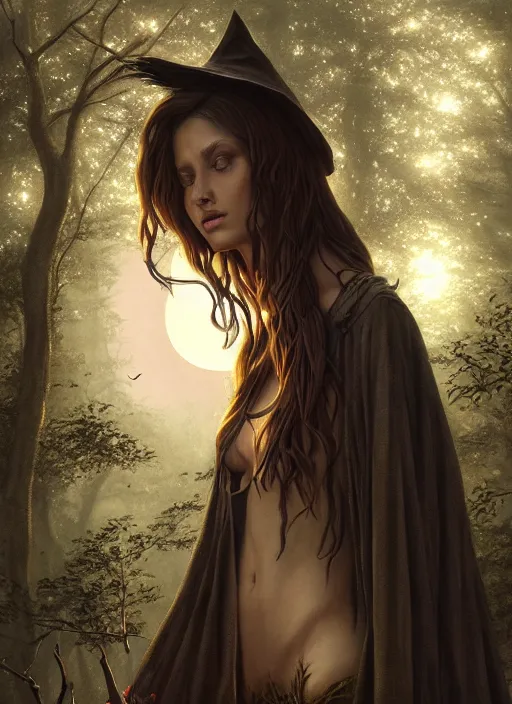 Prompt: leaves, cinematic lighting, realistic matte painting, close - up face portrait of a beautiful skinny woman as witch in front of the full big moon in a fantasy forest, by james gurney, greg rutkowski, highly detailed digital art, artstation