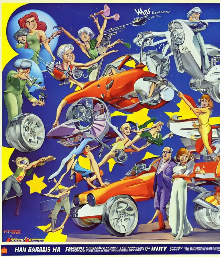 Image similar to Hannah Barbera cartoons of Five Star Stories as Whacky Wheels, promotional poster.