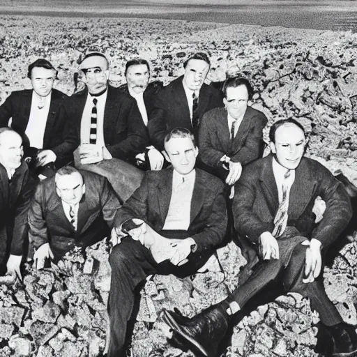 Prompt: vintage photograph of a close-up on a group of business men surrounded by drones, in a dump field, in the style of Terry Gilliam