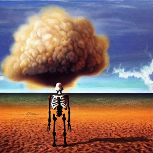 Image similar to a skeleton walking on a beach next to the ocean with nuclear bomb explosion in the background, a naturalism painting by Storm Thorgerson, featured on cg society, matte painting, realistic, chillwave, anatomically correct, light colors, photo-realistic huge mushroom-cloud in the distance