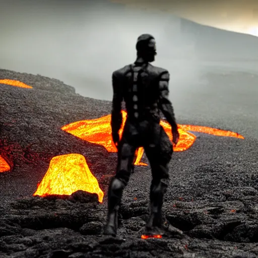 Prompt: A frontal view photo of a terminator walking on lava at night