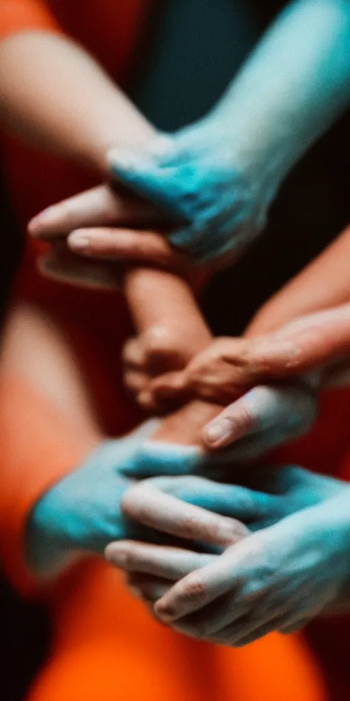 Image similar to a blurry closeup picture of skin gripped tightly, human bodies, hands, macro photography, long exposure photograph, surrealism, anamorphic bokeh, orange and cyan lighting, cinematic