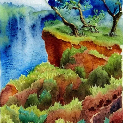 Image similar to detailed watercolor of a lush natural scene on an alien planet by stephen quiller. beautiful landscape. weird colourful vegetation. cliffs and water.