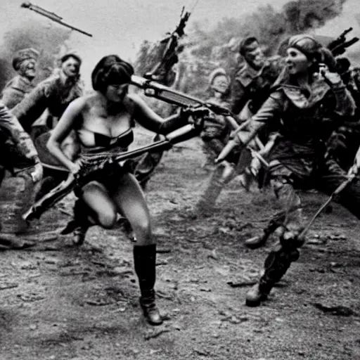 Prompt: photograph of a sexy female comando storming the battle ground in an action movie, filmic, cinematographic