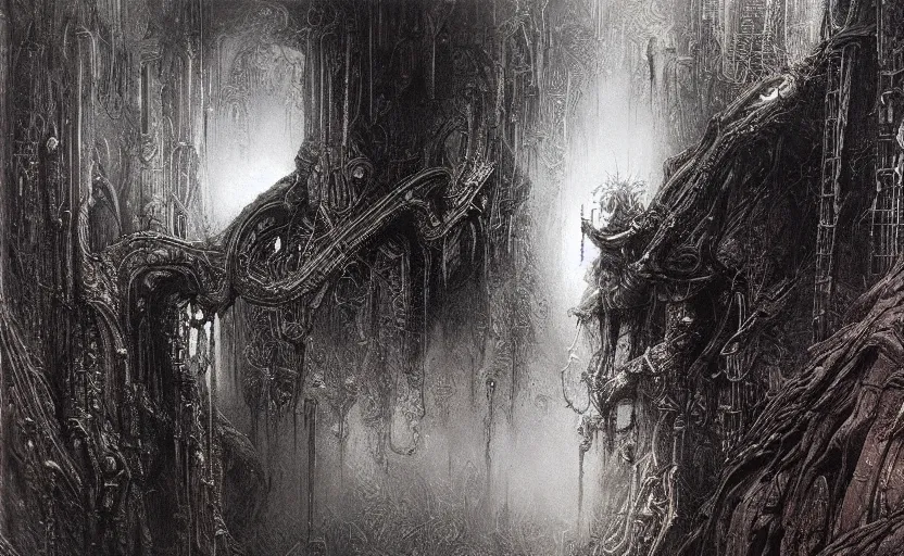 Image similar to cyberpunk dreaming by gustave dore and gustave moreau and beksinski and giger