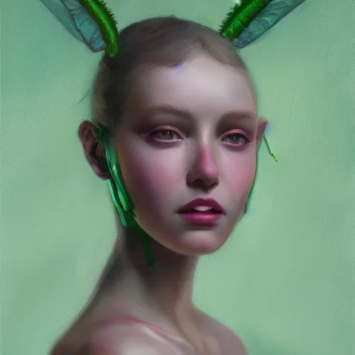 Image similar to a portrait of an intensely lit monstruous insect girl modeling, green, oil painting, pale colors, high detail, 8 k, wide angle, trending on artstation,