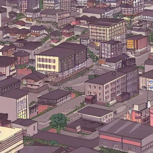Image similar to japanese town, neighborhood, japanese city, underground city, modern city, tokyo - esque town, 2 0 0 1 anime, cel - shading, compact buildings, sepia sunshine