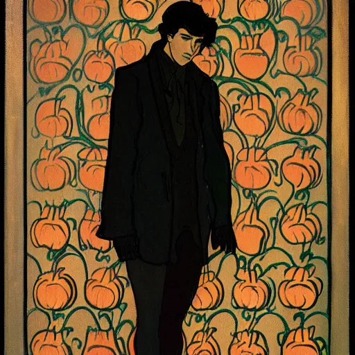 Prompt: painting of young cute handsome beautiful dark medium wavy hair man in his 2 0 s named shadow taehyung at the halloween matcha soup party, somber, depressed, melancholy, sad, elegant, clear, painting, stylized, delicate, soft facial features, delicate facial features, soft art, art by alphonse mucha, vincent van gogh, egon schiele