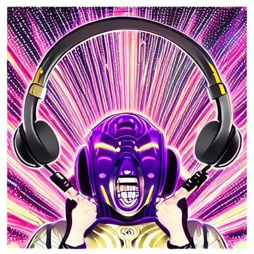 Image similar to artgerm, psychedelic laughing c 3 p 0, rocking out, headphones dj rave, digital artwork, r. crumb, svg vector