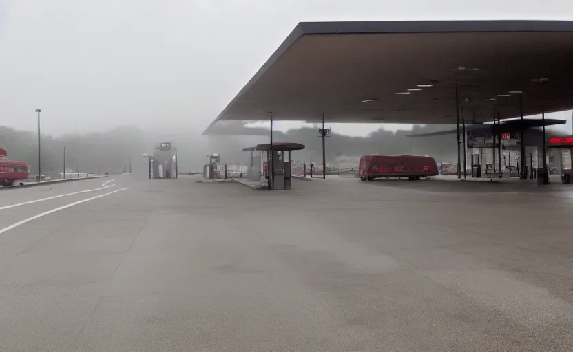 Prompt: exterior of the port byron travel plaza bus station in upstate buffalo new york, moody scene directed by charlie kaufman ( 2 0 0 1 ), anamorphic lenses, kodak color film stock, foggy volumetric light morning, cinematic trending on artstation