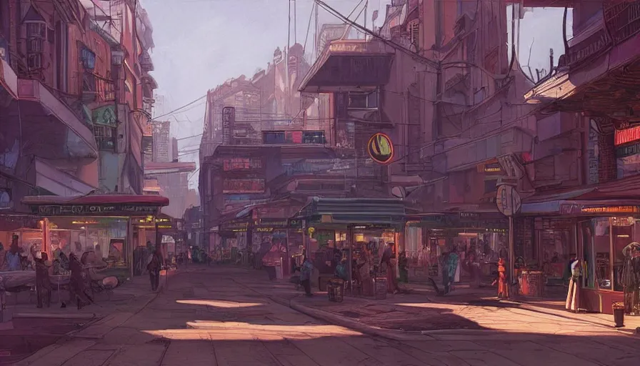 Prompt: a beautiful painting of a retro future city street, ray traced lighting by jean claude mezieres