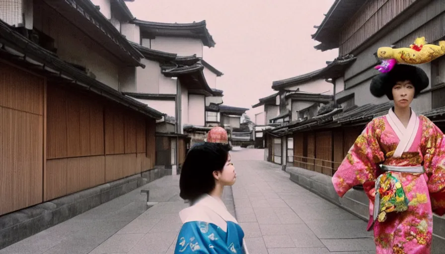 Prompt: movie still by alejandro jodorowsky of a beautiful day in kyoto japan, a girl wearing a gucci kimono is walking down the street, visible magic energy, costumes, parade floats, cinestill 8 0 0 t eastmancolor technicolor, high quality, very detailed, heavy grain, fine facial features, 8 k, octane render