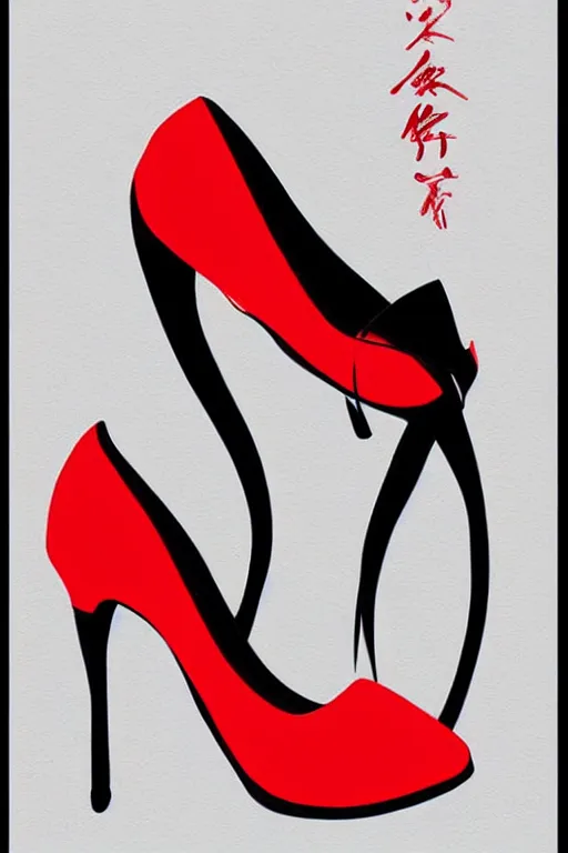 Image similar to black high heels with red bottoms, illustration, graphic design, high fashion, wall art, elegant, japanese art style,