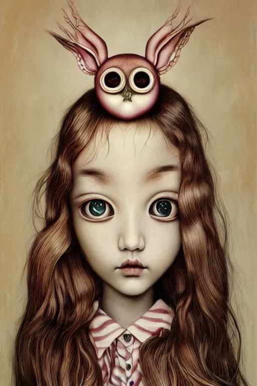 Image similar to pop surrealism, lowbrow art, big eyed realistic cute girl painting, japanese cute fashion, hyper realism, muted colors, trevor brown, mark ryden style