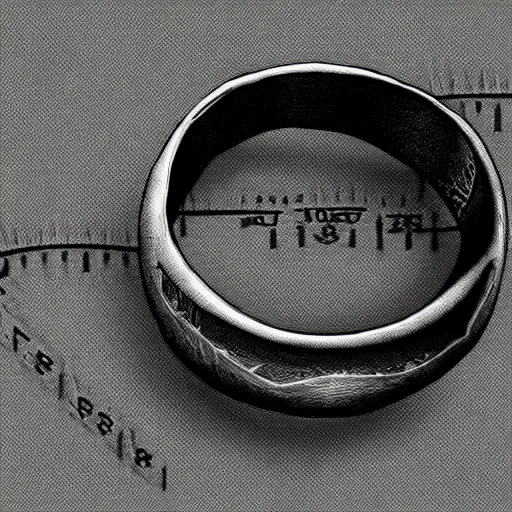 Image similar to the ring from lord if the rings with an imprinted ruler, cm scale imprinted on the inside of the ring, one ring to rule them all, dark background, highly detailed, 8 k, trending on artstation, mystic, rpg artwork, by peter jackson, by sauron