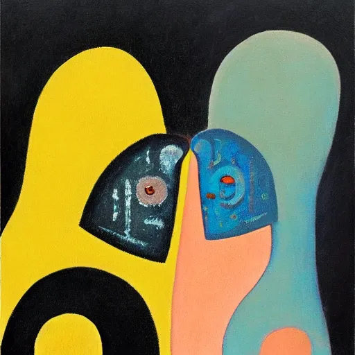 Image similar to Oil painting by Rufino Tamayo. Mechanical gods with bird faces kissing. Oil painting by Lisa Yuskavage.