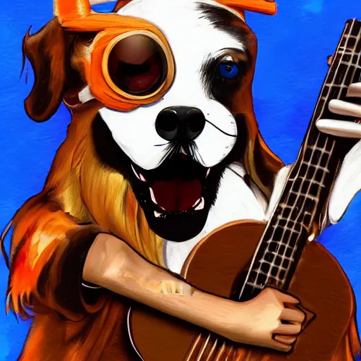 Image similar to dog as a pirate playing on guitar, digital art, artstation, high detalied,