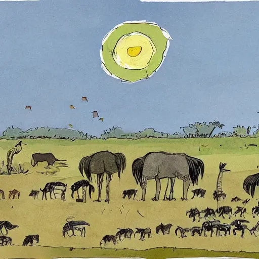 Image similar to quentin blake illustration of a safari at sunset