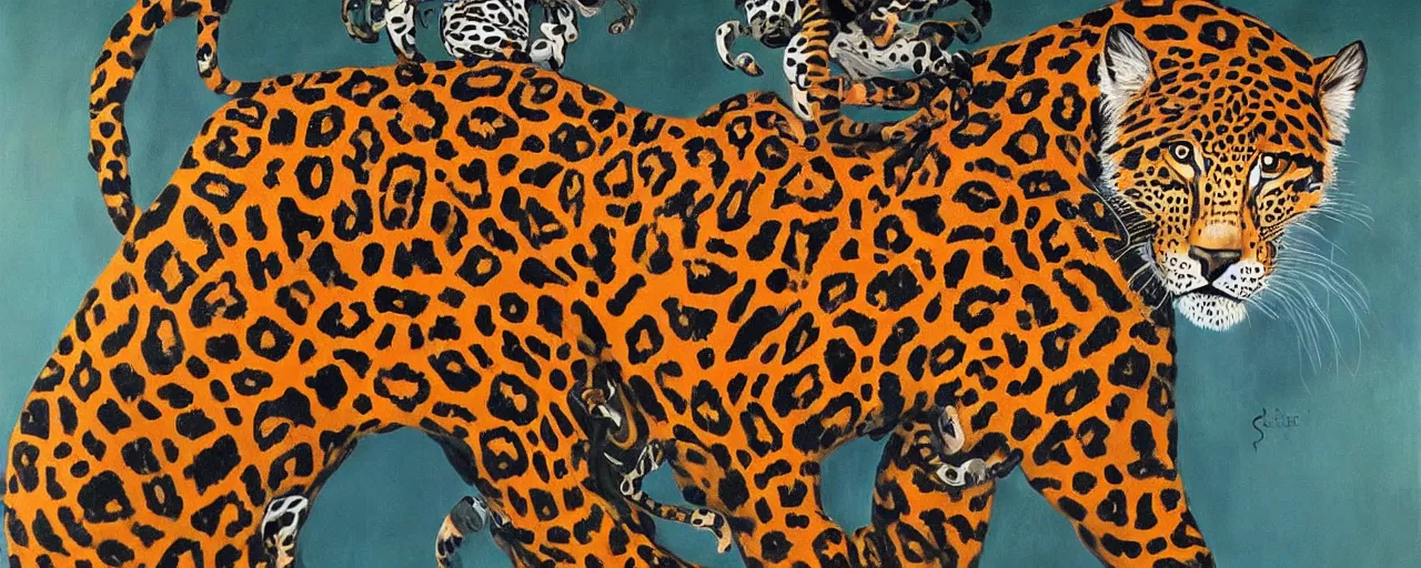 Image similar to an intricated and detailed painting of a shaman turning into a jaguar by salvador dali 4 k render