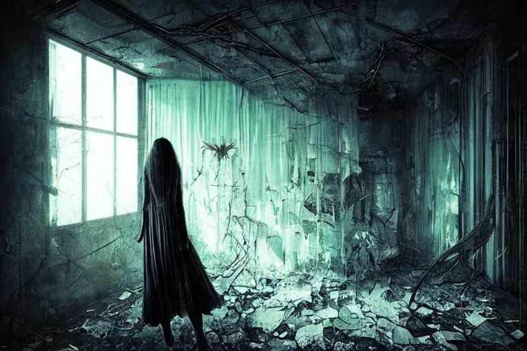 Image similar to vertical movie frame portrait of girl inside abandoned bedroom, ominous backrooms at distance seen through big broken shattered window, giger interior design, architectural design, vintage, liminal aesthetic, dreamcore, weirdcore, clean lines, wide angle, by wayne barlowe, tsutomu nihei, zdzislaw beksinski,