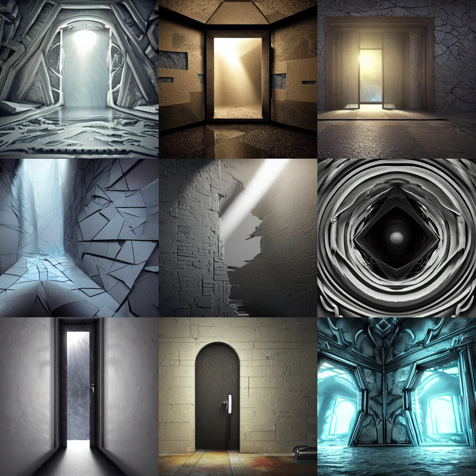 Prompt: Portal to alternative reality, ArtStation masterpiece, rich contrast, abstract 3d rendering, hyperrealistic, different textures and materials, natural light, sunrays, award winning masterpiece with incredible details, raytraced 3d set design, 3d illustration, 3d still designs, abstract forms and shapes, abstract scene design, 3d render trending on ArtStation, highly detailed