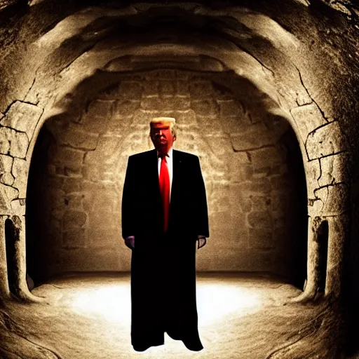 Image similar to donald trump as an ancient priest inside a mysterious ancient church, volumetric lighting, cinematic, portrait, headshot