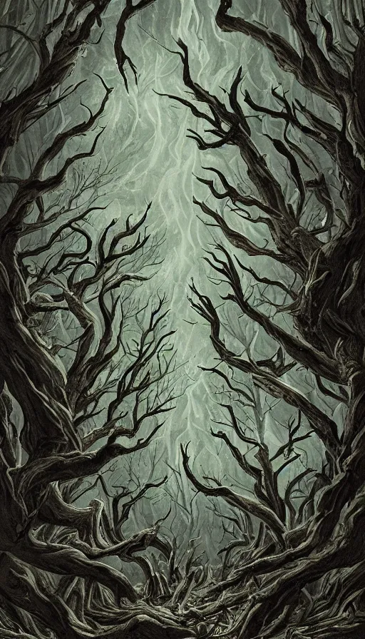 Image similar to a storm vortex made of many demonic eyes and teeth over a forest, by steve argyle