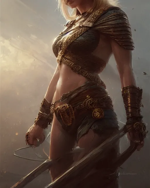 Image similar to A beautiful female warrior posing on a boat, beautiful face, highly detailed face, close-up, fantasy art, female art, in the style of greg rutkowski, illustration, epic, fantasy, intricate, hyper detailed, artstation, concept art, smooth, sharp focus, ray tracing