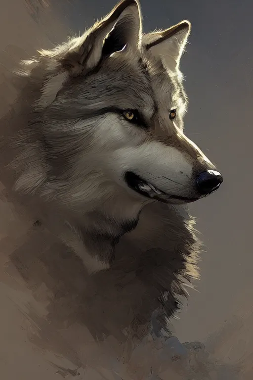 Image similar to portrait of a wolf, intricate, elegant, highly detailed, digital painting, artstation, concept art, smooth, sharp focus, illustration, art by Krenz Cushart and Artem Demura and alphonse mucha