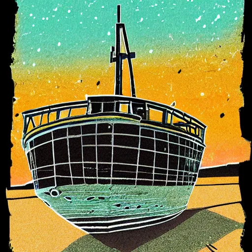 Prompt: ultra precise, asymmetric fineliner drawing of an abandoned ship in the aral sea desert, three colour ink marker pen on rainbow spattered glossy paper. bold lines, gallery quality, photorealistic, very detailed, 8 k