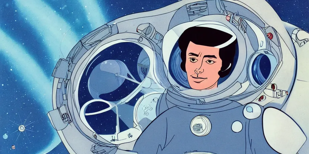 Image similar to a portrait of lonely single Alain Delon alone pilot in spacesuit posing in symmetrical spaceship station landing laying lake artillery porthole captain bridge outer worlds hyper contrast in FANTASTIC PLANET La planète sauvage animation by René Laloux