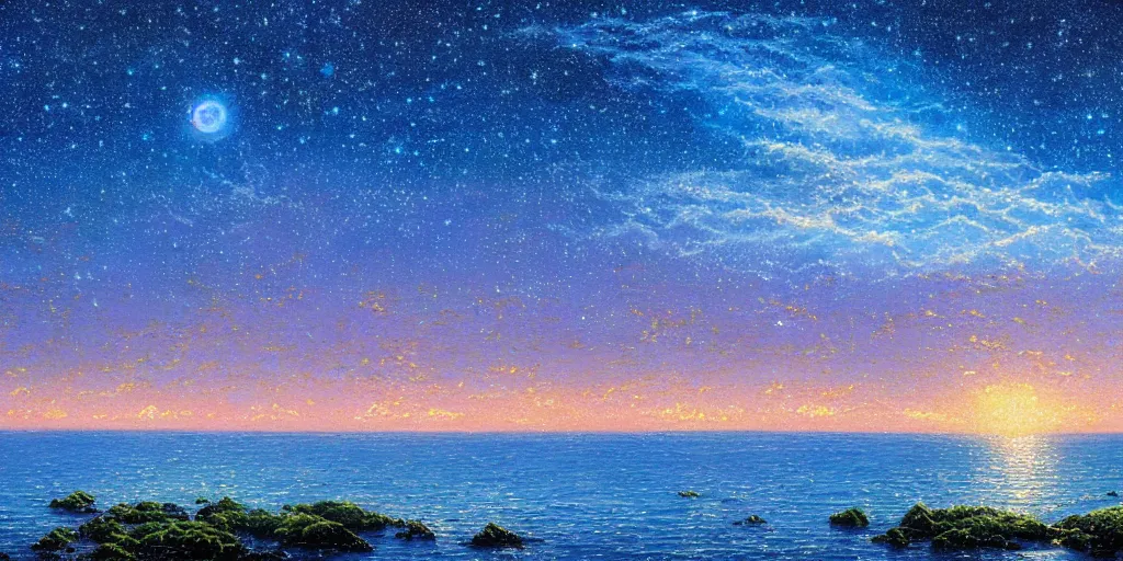 Prompt: View of a calm puffy blue morning sky, beautiful sky, effervescence ocean, bokeh, stars, holographic, astral, cosmic, illustration, by Pablo Amaringo, oil painting by Thomas Kinkade, trending on Artstation, detailed, seascape, ethereal, noctilucent, wallpaper, soft, 4k