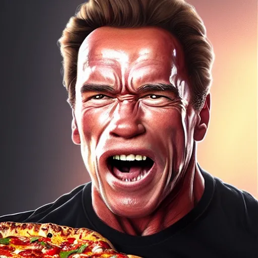 Prompt: portrait of arnold schwarzenegger opening his mouth to eat pizza, highly detailed, digital painting, artstation, concept art, sharp focus, illustration, art by artgerm and greg rutkowski and alphonse mucha